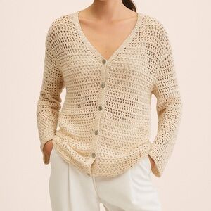 Vintage 90s Eddie Bauer Womens Crotchet Lace cream beige Cardigan Sweater Sz XL